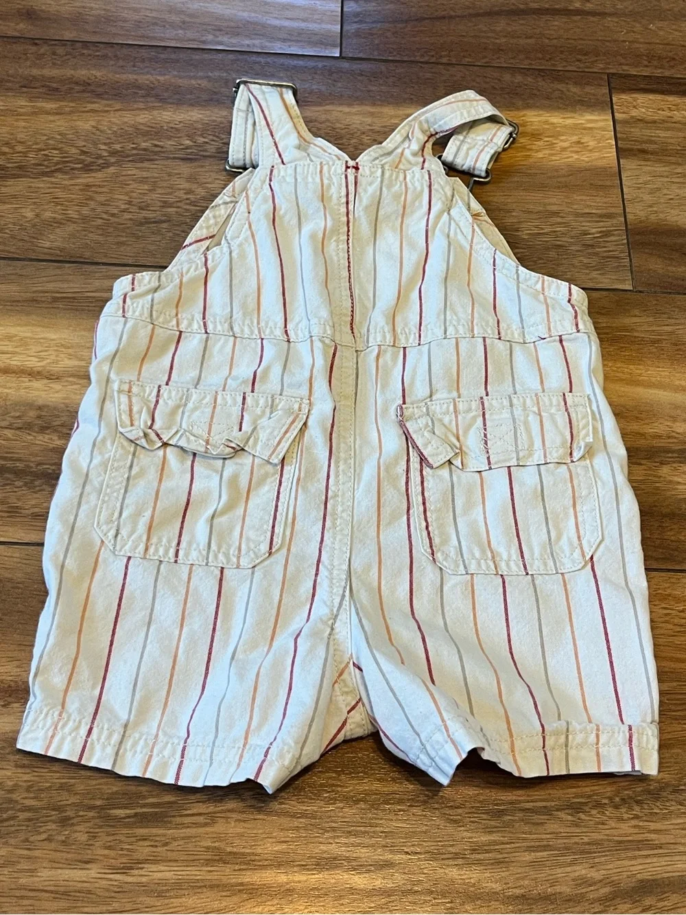 Carters 9mo surfs up surfer dude cream striped short overalls with crab beach